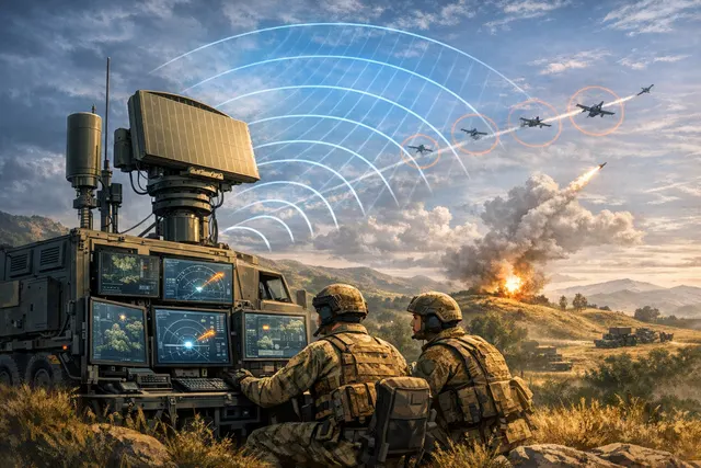 Tactical radar unit scanning the sky for small drones, with Molfar Defence Technologies branding on the front panel