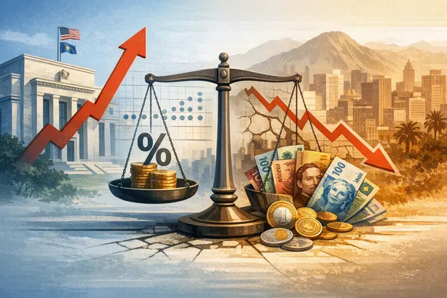 A stylized editorial illustration showing Latin American currencies and stock market charts against the backdrop of the US Federal Reserve building, with an upward arrow highlighti
