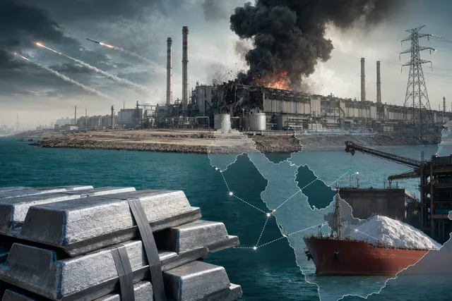 Illustration of aluminium smelters and cargo shipping in the Persian Gulf during the 2026 Hormuz crisis