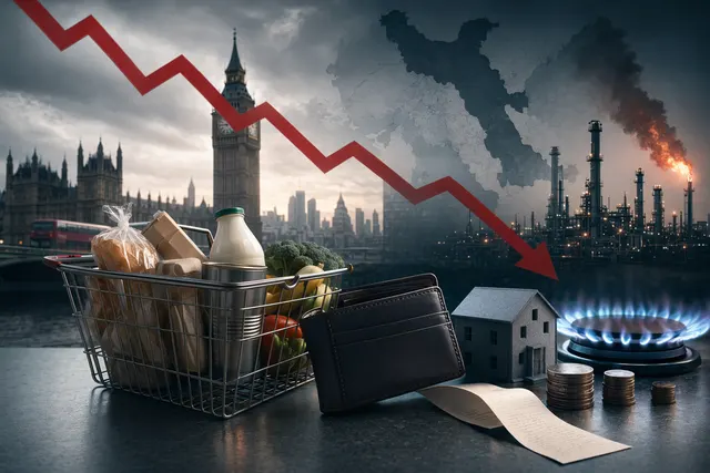 Illustration of UK shoppers and household bills under pressure from higher energy costs