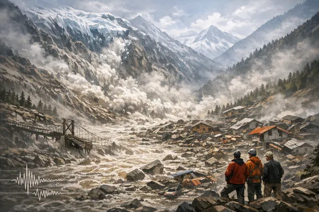 Illustration of a glacier collapse sending a destructive flood of ice, mud and rock through Himalayan valleys on the Nepal-Tibet border