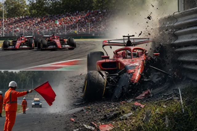 Editorial illustration of Charles Leclerc’s Ferrari crash at Parabolica during the 2026 Italian Grand Prix