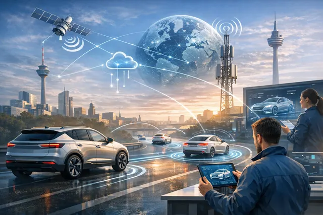 Digital abstract visualization of connected vehicle technology between Vodafone and Geely in Europe