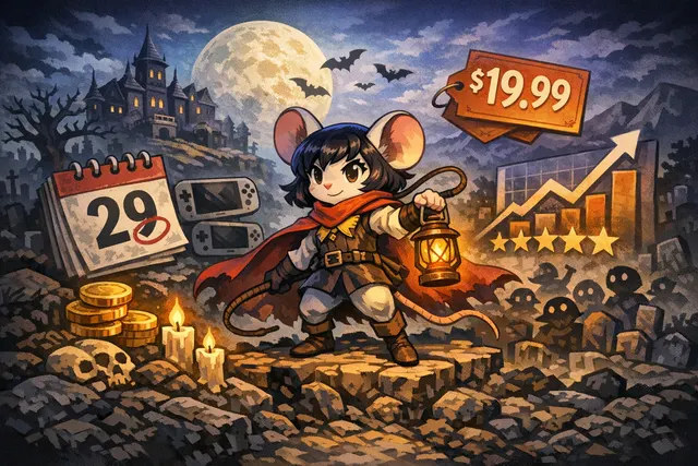 Pixel-art illustration of Mina the Hollower, the mouse protagonist, standing in a gothic, dimly lit environment with her whip ready.