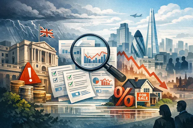 Bank of England building with financial charts and AI circuitry overlay representing financial stability risks from artificial intelligence