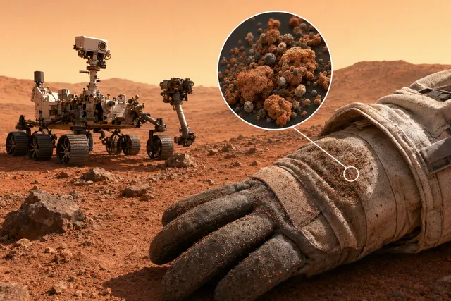 AI-generated editorial illustration for a story about Perseverance measuring Martian dust on spacesuit-material samples.