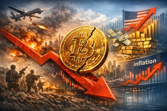 Bitcoin price chart showing a sharp decline below $73,000 amid geopolitical tensions, ETF outflows, and inflation concerns