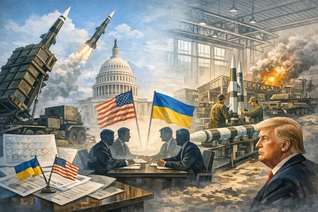 Patriot air defense missile system launching against a dark sky, representing U.S.-Ukraine negotiations on interceptor production