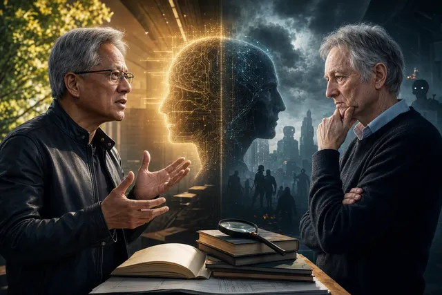 AI-generated editorial illustration accompanying a debate about AI risk and the future of work