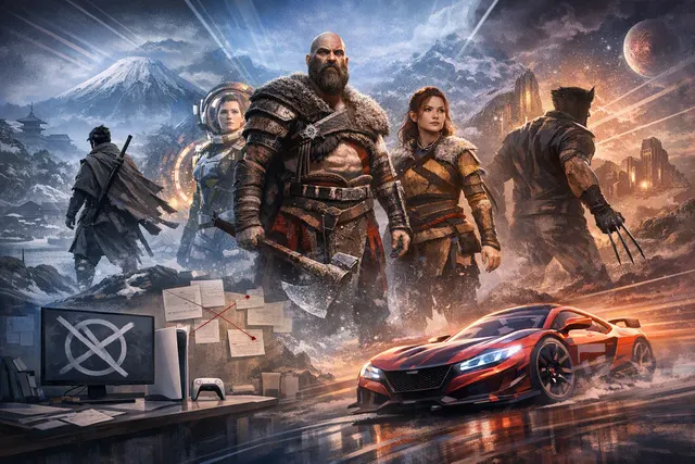 Editorial illustration of Sony’s Only on PS5 strategy featuring Ghost of Yōtei, God of War Laufey, Marvel’s Wolverine, Saros, Gran Turismo 7, and Astro Bot