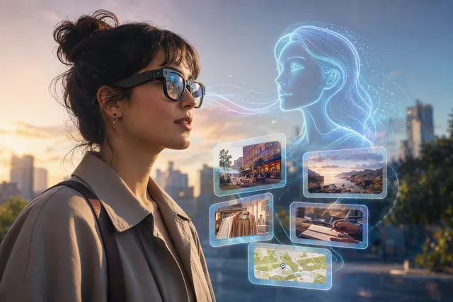 Editorial illustration representing Muse AI on smart glasses