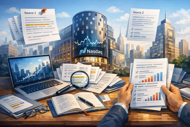 AI-generated editorial hero image for SK Hynix Nasdaq debut article showing a semiconductor chip and financial charts.