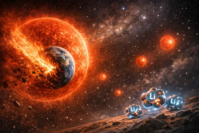 Artistic illustration of a red dwarf star glowing in space with fragmented rocky planetary material spiraling into its surface, highlighting the engulfment of Earth-like planets.