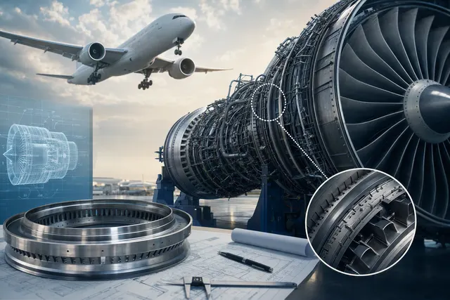 Editorial illustration of a Boeing 777X and GE9X engine components