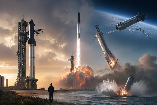 SpaceX Starship V3 rocket launching from Starbase in Texas during its first test flight