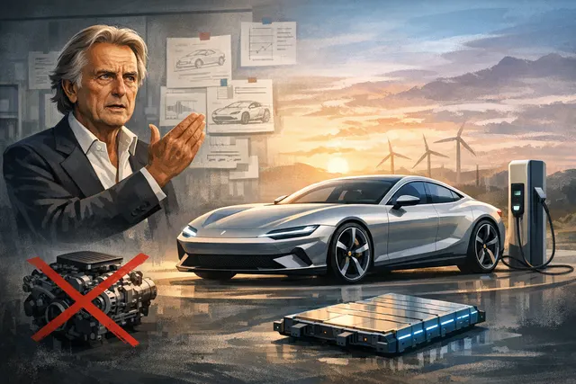 A conceptual rendering of the new electric Ferrari Luce driving on a road, symbolizing the brand's controversial entry into the EV market.