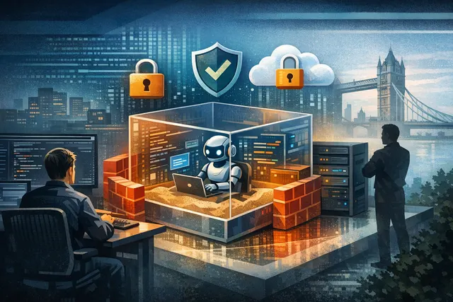 Conceptual illustration of AI code security featuring a shield, lock, and code patterns.