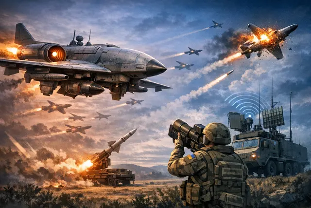 AI-generated editorial illustration of Russian Shahed drone modifications over Ukraine, with jet engines and electronic warfare systems highlighted