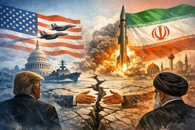 Diplomatic flags of the United States and Iran on a negotiating table with a cracked surface, symbolizing fractured negotiations and the fragile ceasefire in the Middle East confli