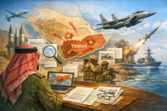 A conceptual map of the Middle East with points marking Sanaa and Abha airports, symbolizing the July 2026 escalation between Saudi Arabia and Yemen's Houthi movement.