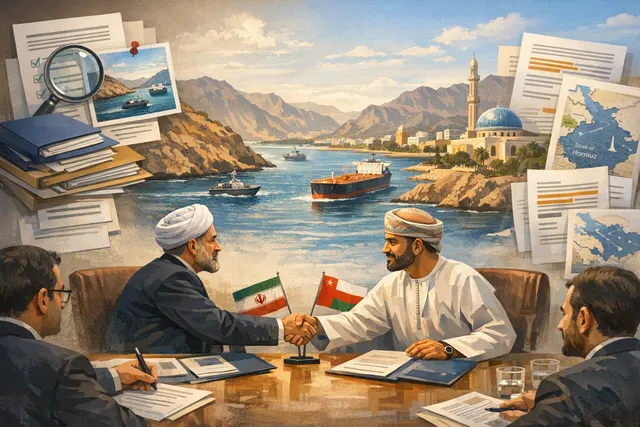 A conceptual image of the Strait of Hormuz with shipping lanes, flags of Iran and Oman, and diplomatic documents representing the Joint Hormuz Committee meeting.