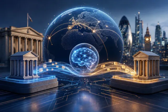 Illustration of AI agents coordinating a tokenized cross-border payment across digital financial networks