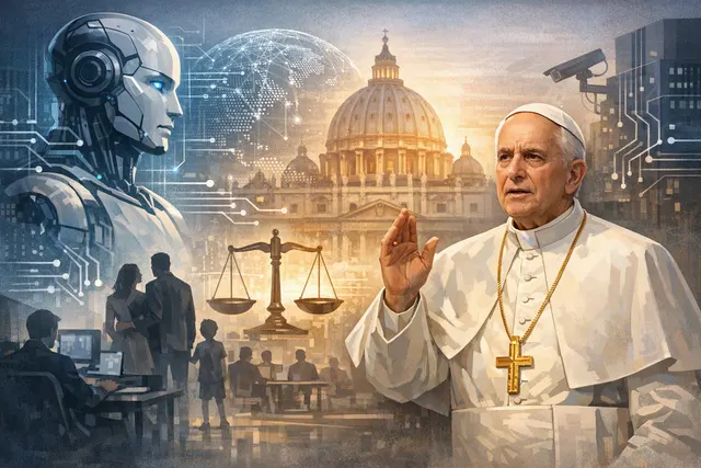 Editorial illustration of Pope Leo XIV’s warnings about artificial intelligence, human control and AI governance