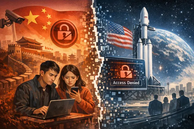 A stylized rocket launching upward, visually breaking a digital wall made of glowing data points and a red geo-pin labeled Hong Kong and China, set against a dark financial chart g