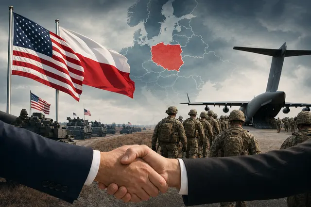 Editorial illustration of U.S. troops deployment to Poland amid shifting NATO and Europe force posture decisions