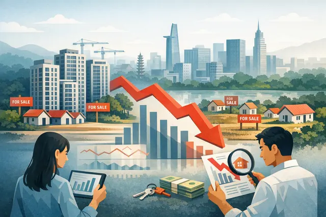 Minh họa thị trường bất động sản thứ cấp Việt Nam quý II/2026 với căn hộ đô thị, đất nền và biểu đồ giá đi xuống