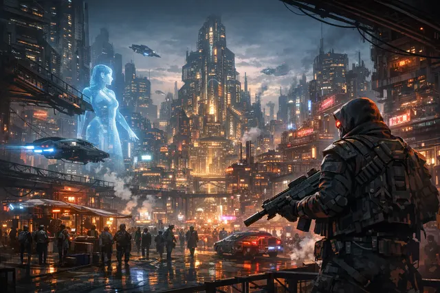 Concept art of Port Desire, the neon-soaked lawless cyberpunk city from Neon Giant's No Law, showcasing dense vertical architecture and neon sleaze aesthetics.