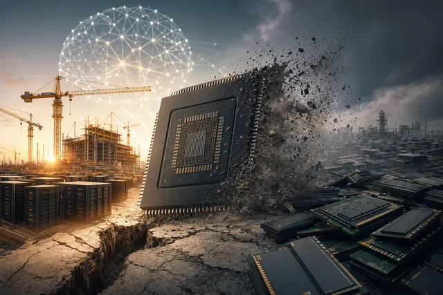 Illustration representing the boom in AI chips and memory demand alongside the risk of a semiconductor market cycle downturn