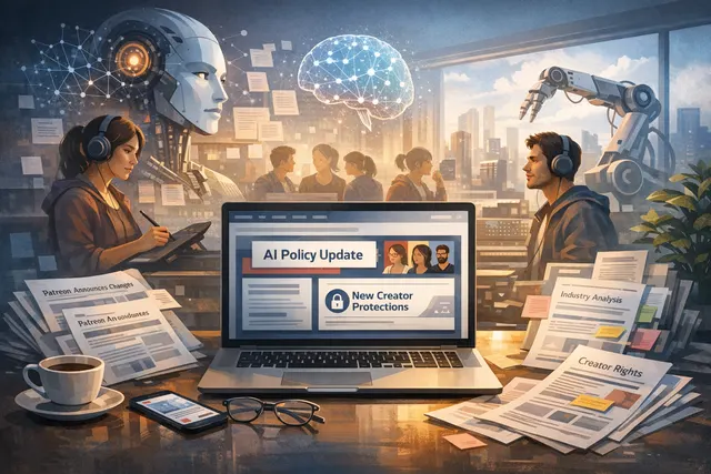 Patreon logo and abstract AI and data visualization graphics representing the July 2026 layoffs and AI-driven industry changes