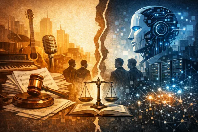 Editorial illustration of an AI system, music notes, and copyright documents representing the Sony and Warner lawsuit against Anthropic