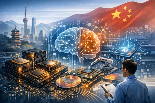 Abstract illustration of AI models, domestic computing infrastructure, and interconnected data pathways