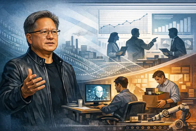Illustration of Jensen Huang in front of a half-technological, half-human workforce, representing the debate over AI and job loss.