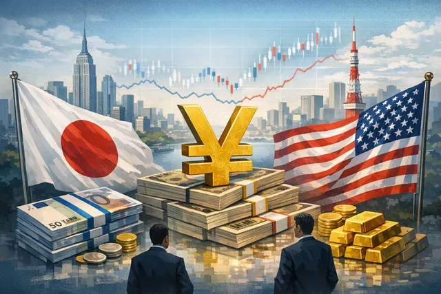 Abstract illustration of U.S. and Japanese flags, currency symbols, and bond yield charts representing the August 1, 2026 coordinated yen intervention and its impact on global bond