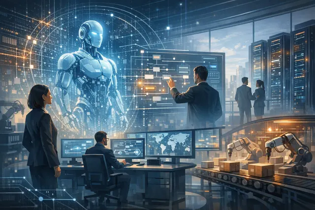 Abstract illustration of enterprise AI agents coordinating business workflows across data, software and infrastructure