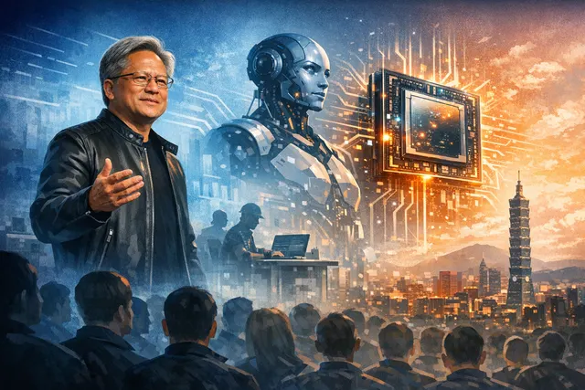 Jensen Huang on stage at Computex 2026 unveiling the RTX Spark superchip and discussing AI workforce strategy