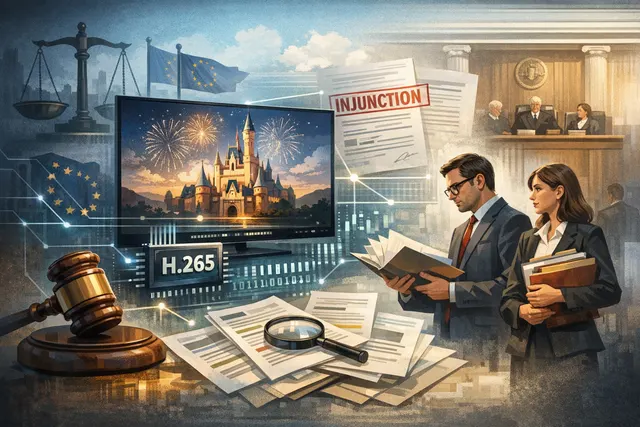 Illustration of a courtroom gavel, EU flag, and a Disney+ streaming interface, representing the cross-border patent dispute over HEVC video encoding.