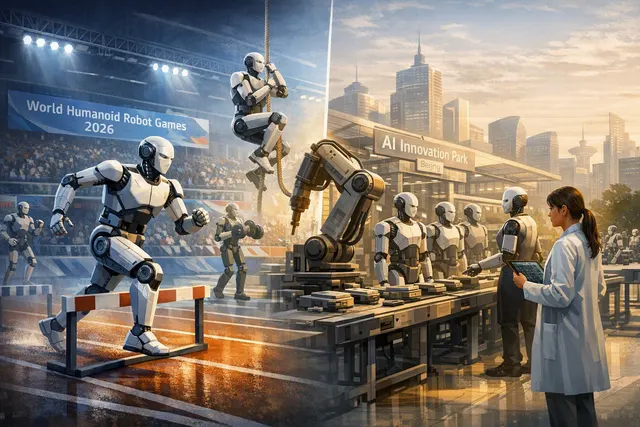 Humanoid robots competing in a Beijing arena beside industrial and service robots, illustrating the shift from performances to real-world work
