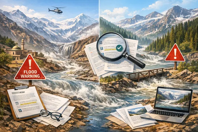 A conceptual image of a glacial landscape with a swelling ice-marginal lake, representing the glacial flood threats in Pakistan and British Columbia.