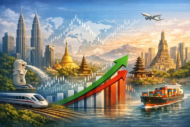 Map of Southeast Asia highlighting the ASEAN-6 economies with energy supply routes and growth projections overlaid, illustrating the economic impact of the Strait of Hormuz disrupt