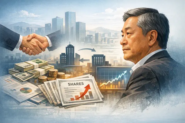 Editorial illustration of Bang Jun-hyuk increasing his Netmarble stake as Tencent affiliate Han River Investment sells shares
