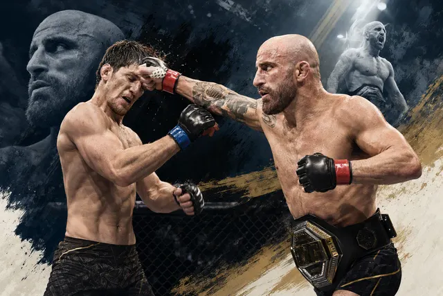 AI-generated illustration of two mixed martial arts fighters facing off inside an arena cage