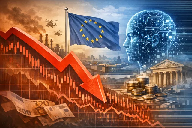 A stressed trader watches multiple red market screens showing the STOXX 600 falling amid a global selloff