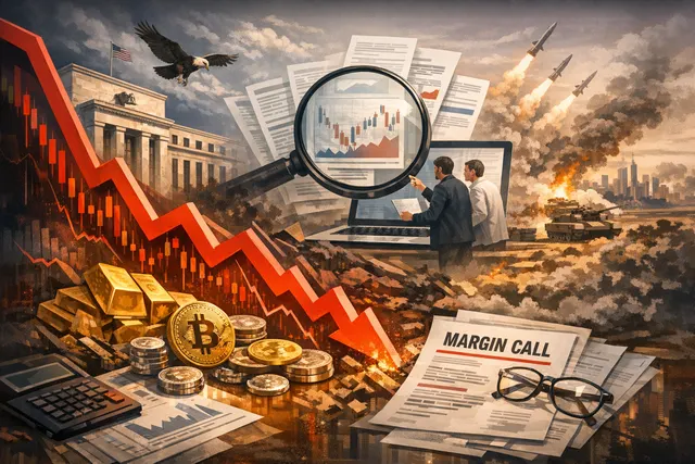 Global market selloff illustration with declining stock, crypto, gold, and silver charts