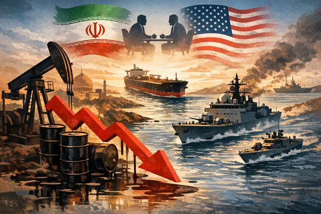 Oil tanker navigating the Strait of Hormuz amidst a geopolitical backdrop reflecting the U.S.-Iran peace negotiations