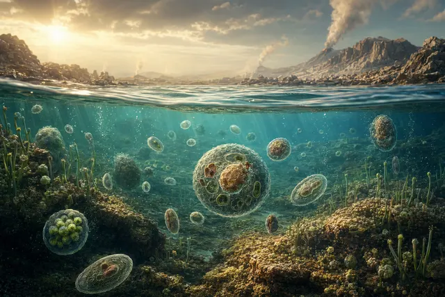 Illustration of microscopic early eukaryotic cells living on an oxygen‑rich shallow seafloor about 1.75 billion years ago