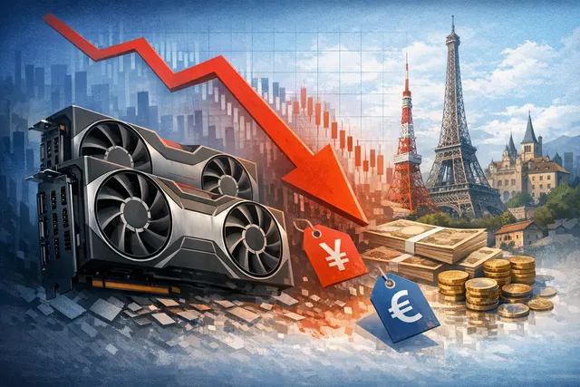 AMD Radeon RX 9070 XT graphics card pricing collapse in Japan illustrated with downward market trend charts and yen currency symbols, showing the sharp drop from a January 2026 pea